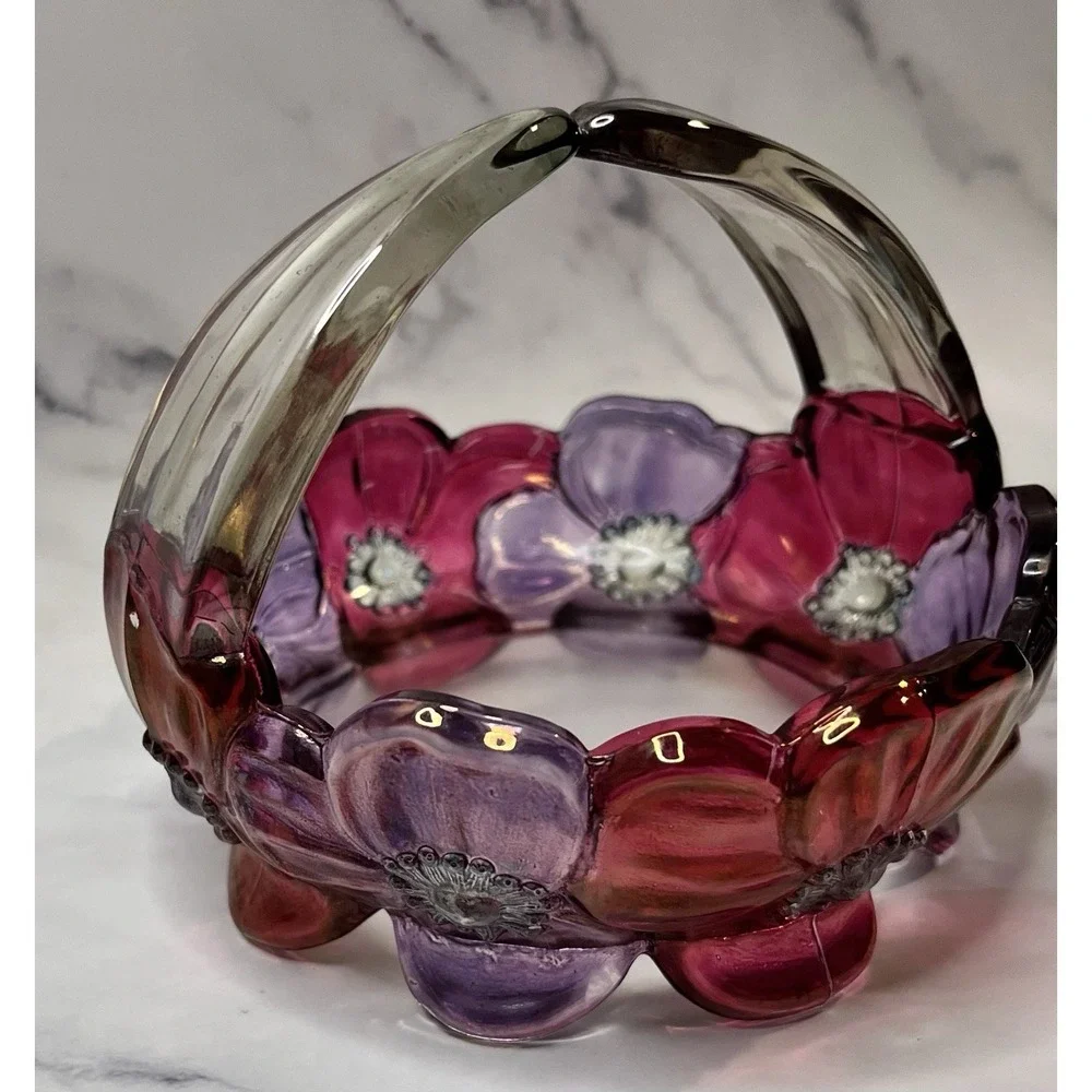 Glass Basket Small Bowl Vintage Westmoreland Dogwood Flower Unique Handle